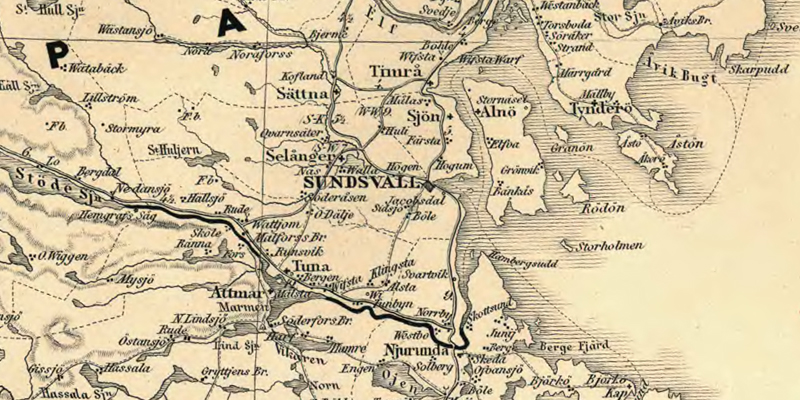 Sundvall. Detalj ur Karta öfver Medlersta och Södra Sverige 1870 (Generalkartor över Sverige). Krigsarkivet.