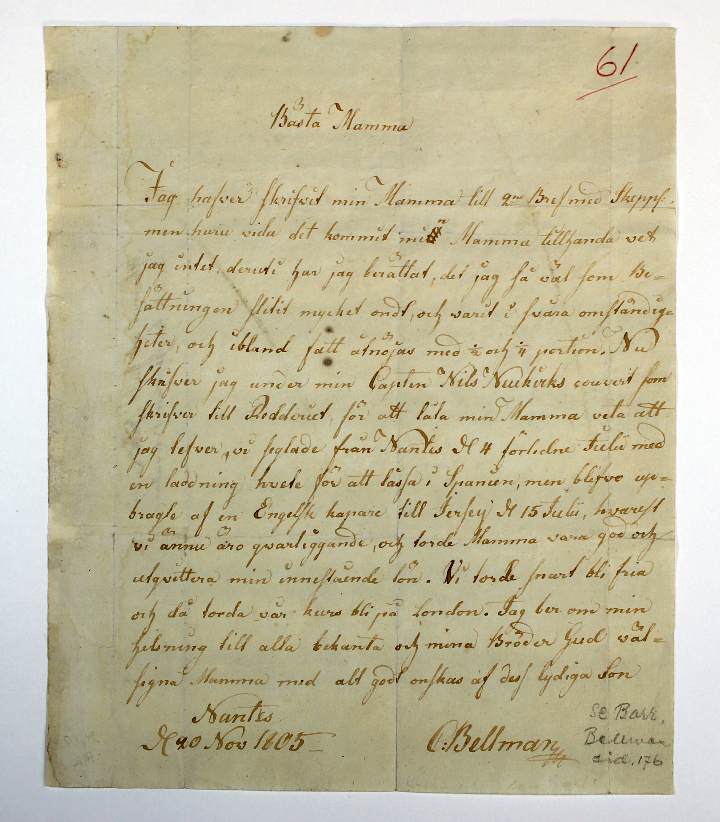 Carl Bellmans brev från 1805 - i Par Bricoles arkiv.
